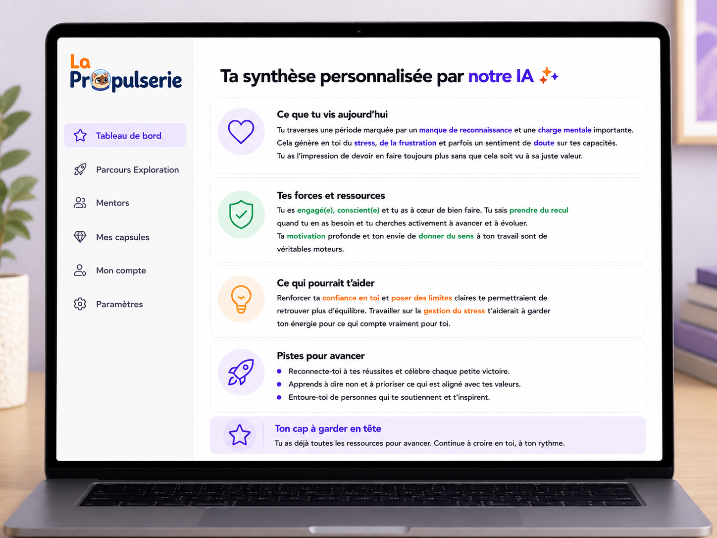 Exemple de dashboard de résultats du bilan La Propulserie